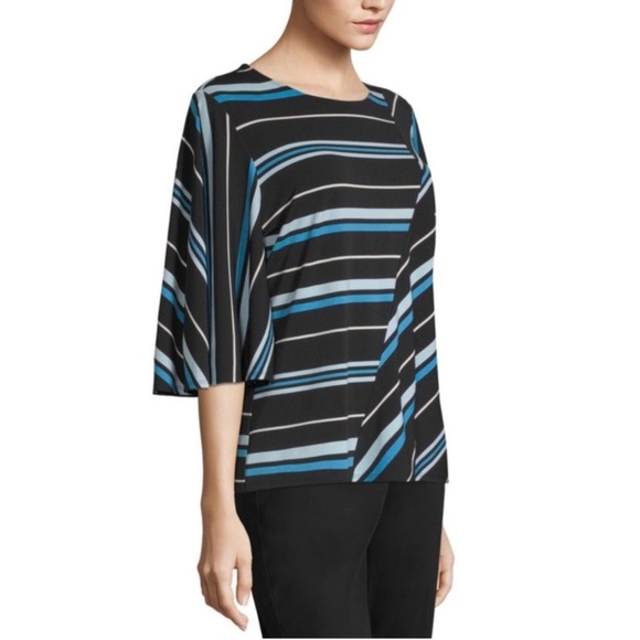 Stretch Knit Blouse Flowy Multi Stripes Blue Black 3/4 Sleeve Top Size XLarge - Picture 2 of 12
